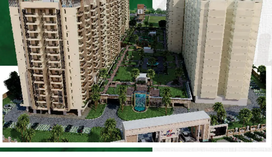 Aerial view of Max Heights Majestic towers and the landscaped podium garden